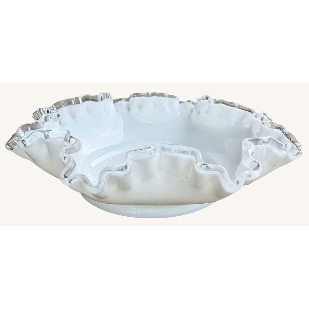 Vintage Fenton Silver Crest Milk Glass Ruffled Bowl 8" Candy Dish 1970s Logo